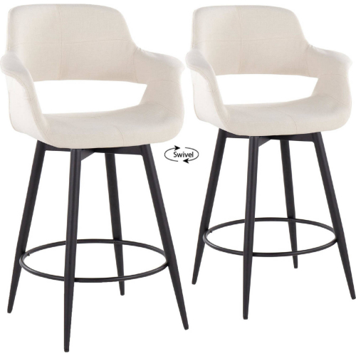 Vintage Flair 26" Swivel Counter Stool in Black Metal & Cream Fabric w/ Metal Footrest (Set of 2)